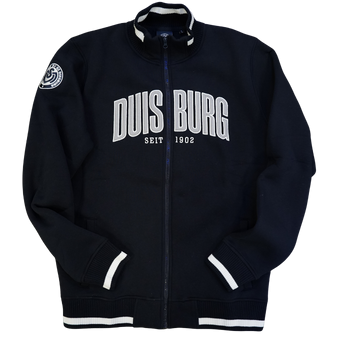 Dicke, dunkelblaue Sweatjacke mit Bruststick, Logostick auf dem Arm