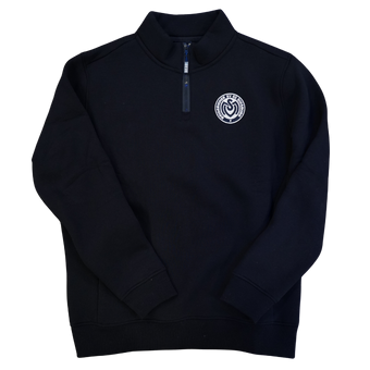 dunkelblauer Zip-Sweater mit Reißverschlusskragen und gesticktem Kreislogo auf der Brust