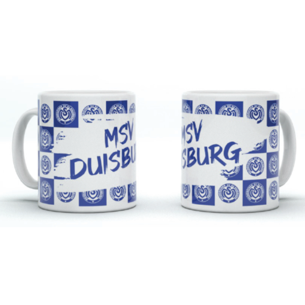 Tasse mit kleinen Kreislogos im Karomuster und MSV Duisburg Schriftzug